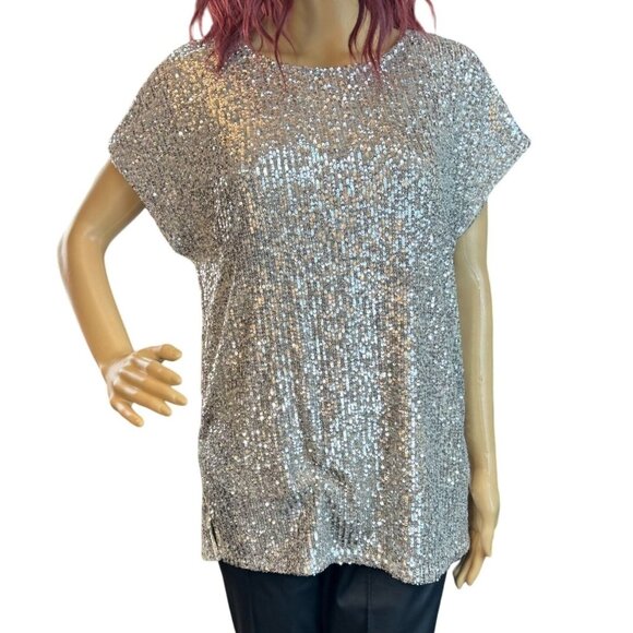 NWT - Rachel Zoe Short Sleeve Sequin Blouse in Silver Size M - Picture 1 of 6